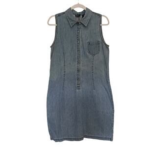 Vintage NY JEANS Denim Snap Front Mini Dress Sz 12 Western Utility Sleeveless 90